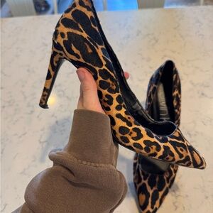 Calvin Klein Leopard Print Pointed Toe Stiletto Heels - Tan & Black